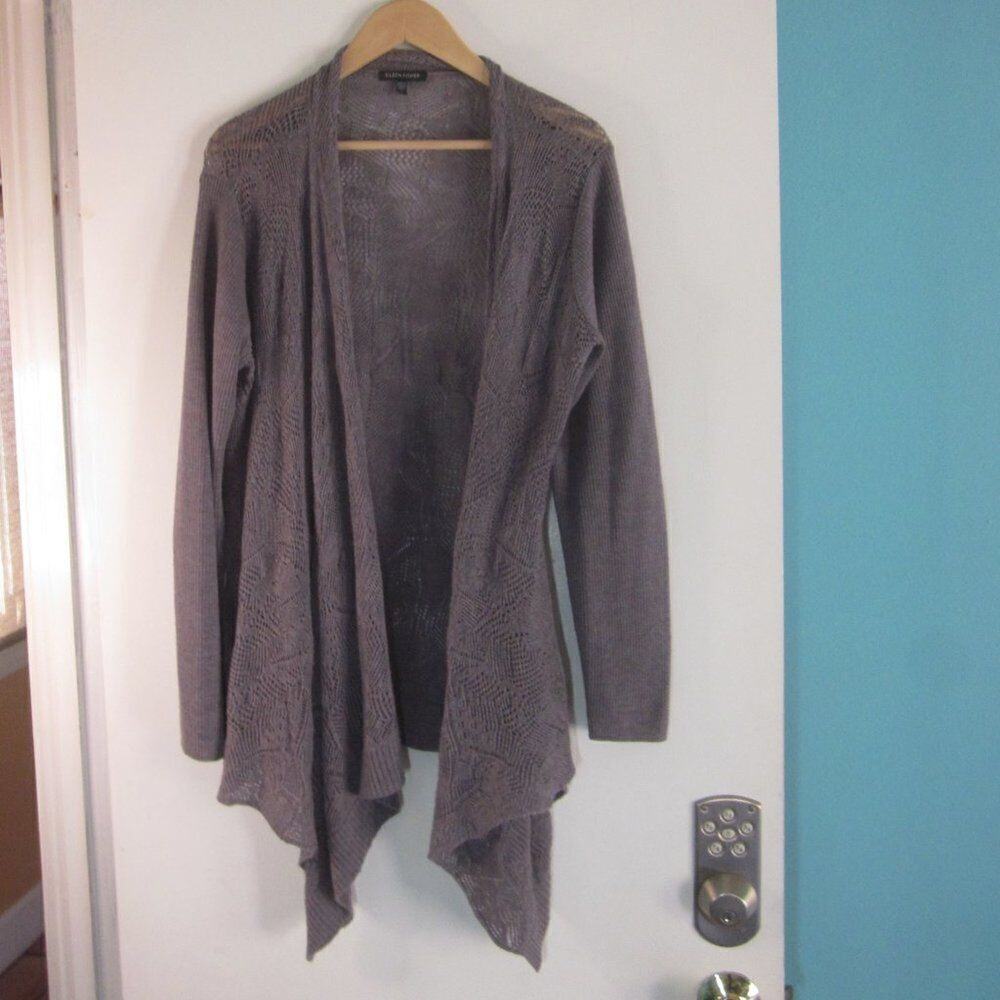 Eileen Fisher Womens Size L Merino Wool Crochet Lt Purple Waterfall Cardigan 